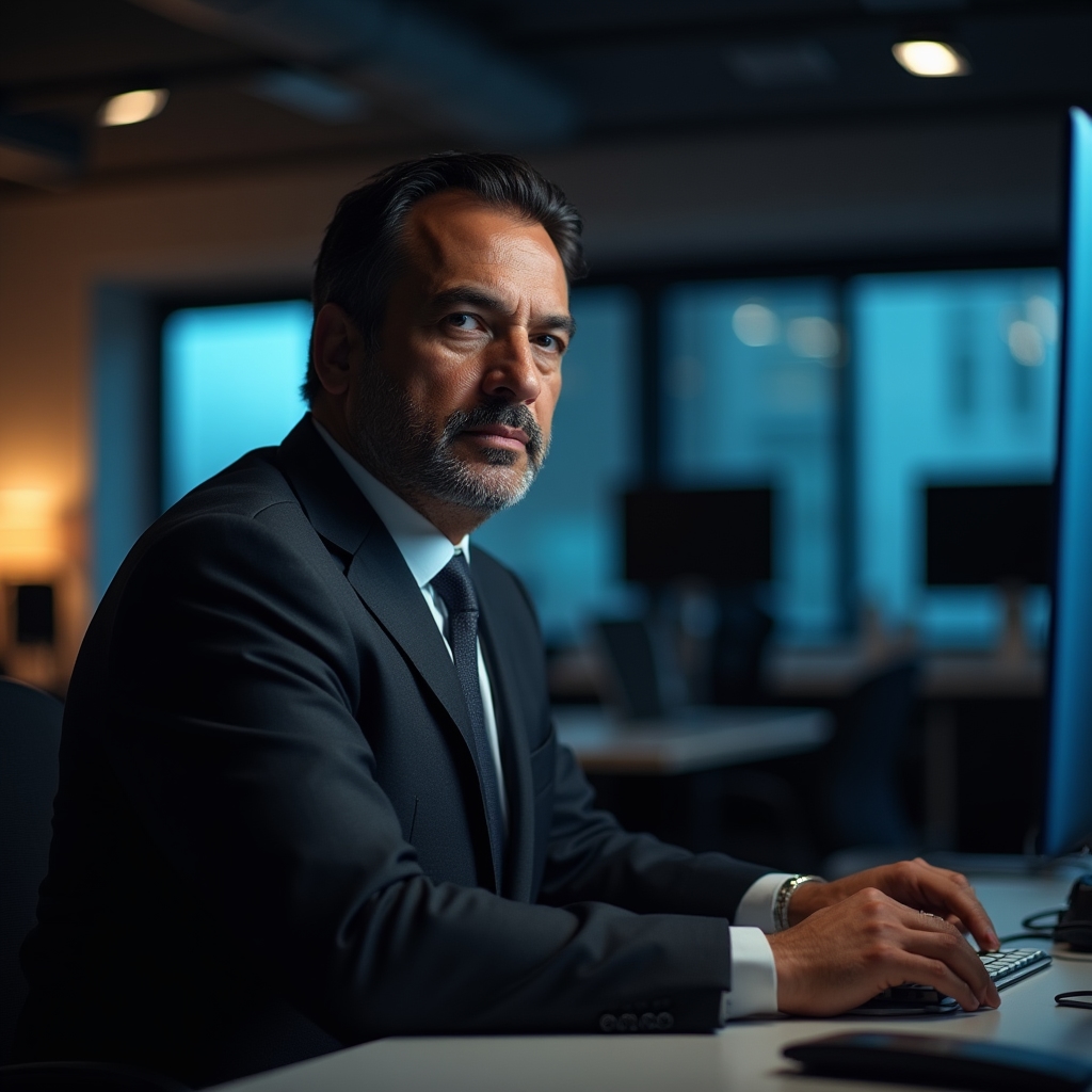 Compliance professional in formal attire reviewing regulatory framework at a modern workstation with ambient blue lighting