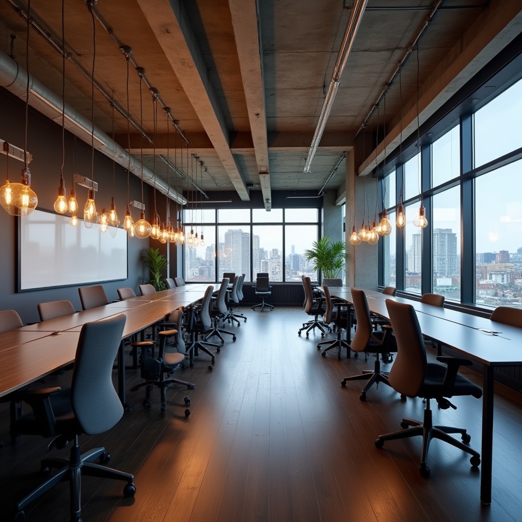 Modern open-plan office interior with dark wood finishes, warm accent lighting, and professional workstations in Minneapolis